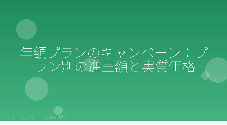 マネーフォワードで会社設立を自分で進める「年額プランのキャンペーン:プラン別の進呈額と実質価格」の解説イラスト