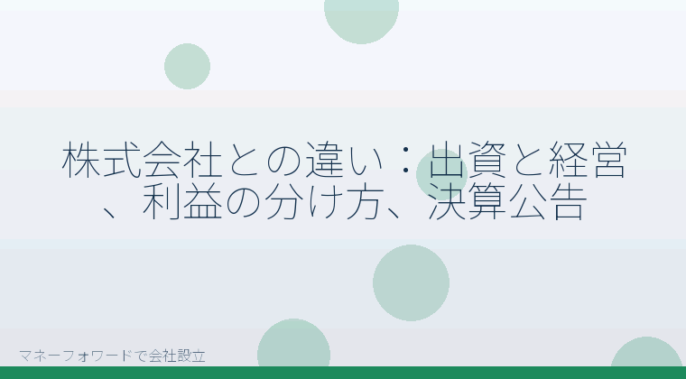 マネーフォワードで会社設立を自分で進める「株式会社との違い:出資と経営、利益の分け方、決算公告」の解説イラスト