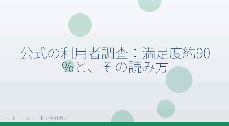 マネーフォワードで会社設立を自分で進める「公式の利用者調査:満足度約90%と、その読み方」の解説イラスト