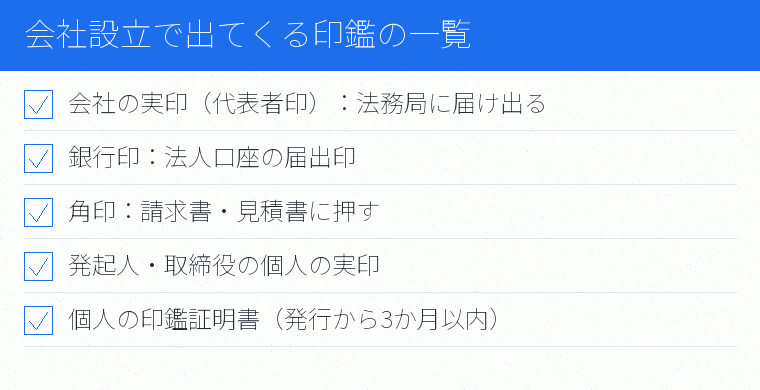 会社設立で出てくる印鑑の一覧のチェックリスト図