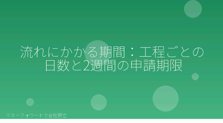 マネーフォワードで会社設立を自分で進める「流れにかかる期間:工程ごとの日数と2週間の申請期限」の解説イラスト