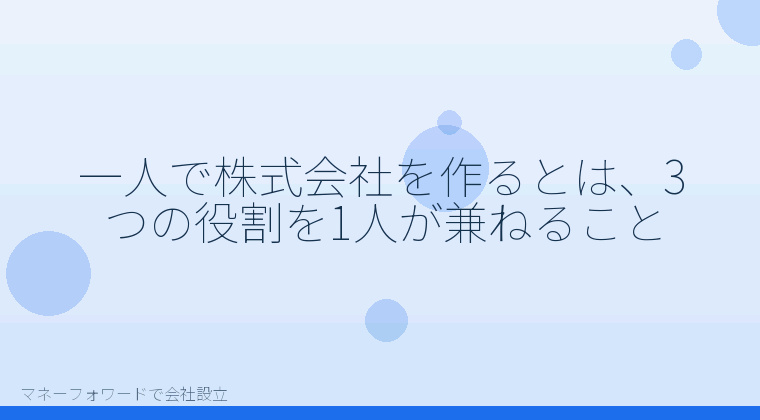 マネーフォワードで会社設立を自分で進める「一人で株式会社を設立する｜発起人・取締役・代表を兼ねると実務はどう変わるか」の解説イラスト
