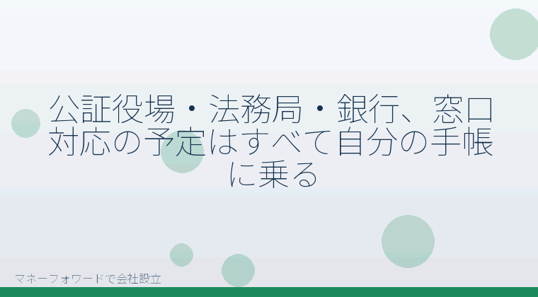 マネーフォワードで会社設立を自分で進める「公証役場・法務局・銀行、窓口対応の予定はすべて自分の手帳に乗る」の解説イラスト