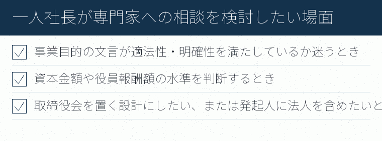 一人社長が専門家への相談を検討したい場面のチェックリスト図