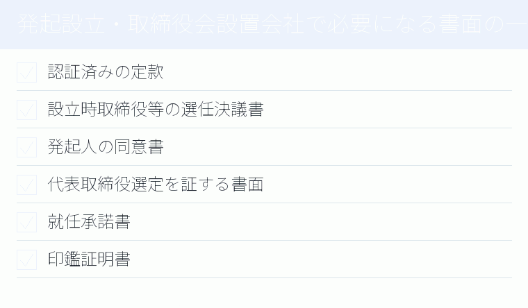 発起設立・取締役会設置会社で必要になる書面の一例のチェックリスト図