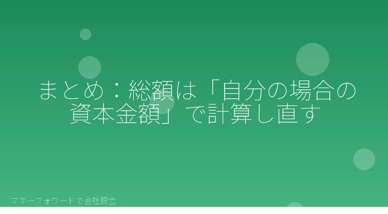 マネーフォワードで会社設立を自分で進める「まとめ:総額は「自分の場合の資本金額」で計算し直す」の解説イラスト