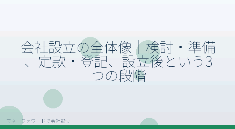 マネーフォワードで会社設立を自分で進める「会社設立の流れ｜検討から設立後までの3段階とマネーフォワードの役割」の解説イラスト