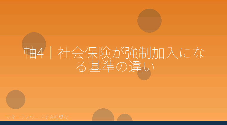 マネーフォワードで会社設立を自分で進める「軸4|社会保険が強制加入になる基準の違い」の解説イラスト