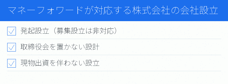マネーフォワードが対応する株式会社の会社設立のチェックリスト図