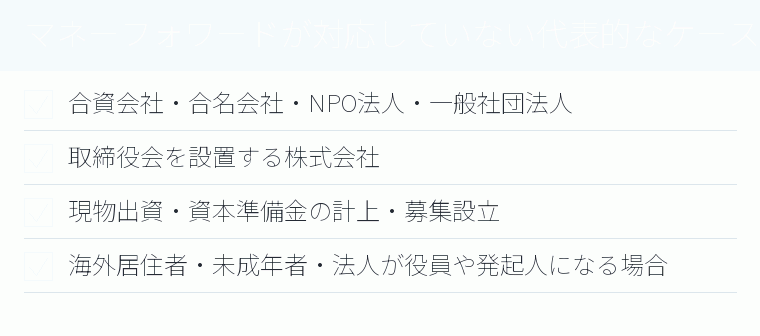マネーフォワードが対応していない代表的なケースのチェックリスト図